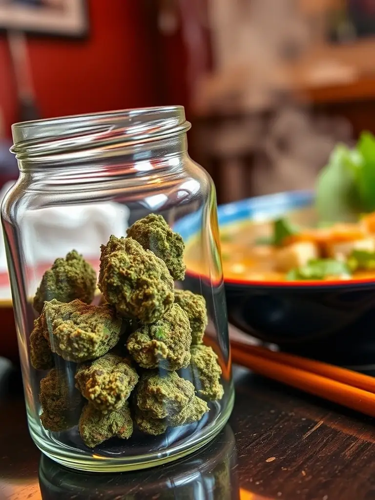 A close-up shot of a glass jar filled with high-quality cannabis buds, placed next to a steaming bowl of pho in the Bronx. The image should highlight the borough's hidden gems.