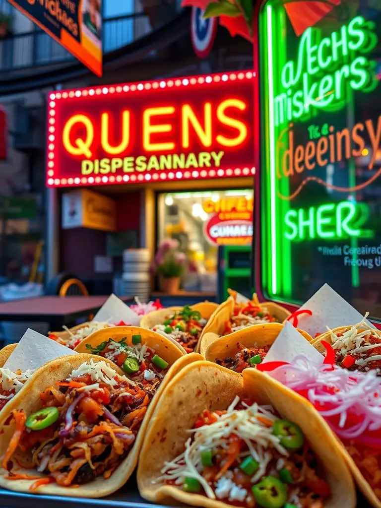 A colorful image of a variety of tacos from a street vendor in Queens, with a neon sign in the background advertising a local dispensary. The scene should capture the diverse flavors of the borough.